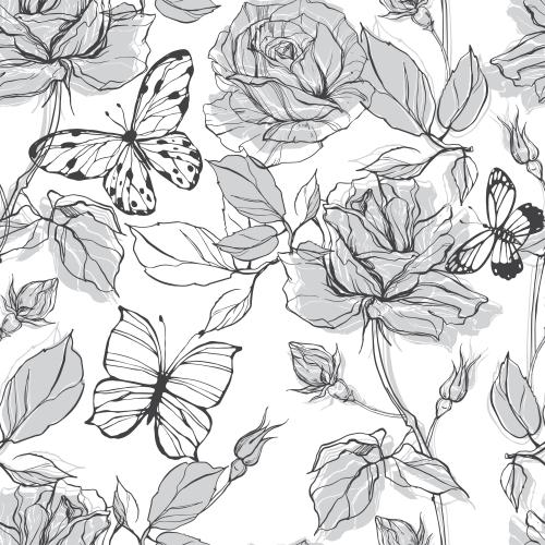 Blumen. Vektor rosen und Schmetterlinge, schwarze Konturen und graue Silhouetten auf weißem