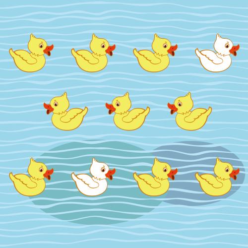 Entchen. Vektor cartoonartige Enten auf den blauen Wellen