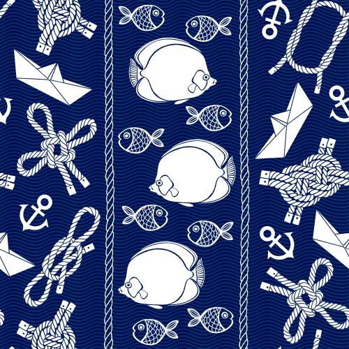 Seil. Vektor Weiße Silhouetten tropischer Fischchen, mariner Knoten, Anker, papierener Schiffe auf blauen Wellen