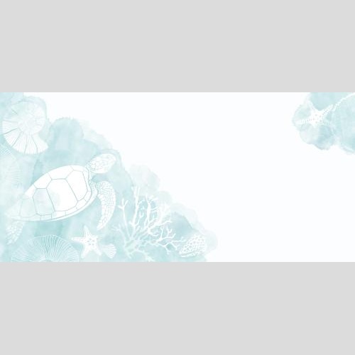Schildkröte. Vektor Schildkröte, Meersterne, Nautilus, Korallen auf blauen Aquarellfragmenten, Platz für Text auf weißem, eckige Komposition