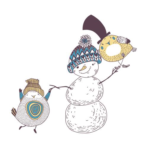 Schneemann. Vektor cartoonartige Schneemann und Vögel auf weißem