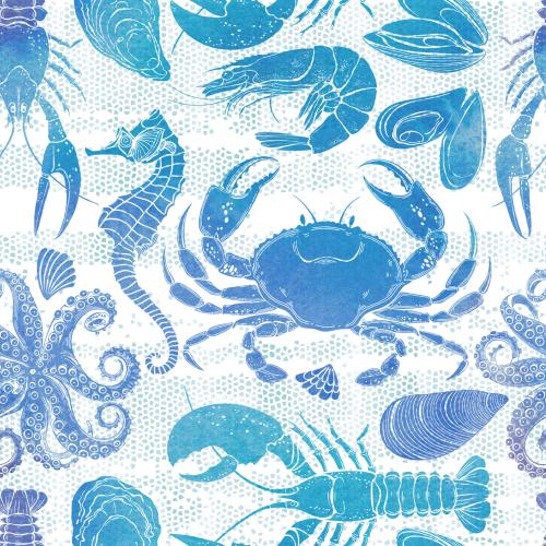 Miesmuschel. Vektor Seepony, Tintenfisch, Krabbe, Muscheln, Austern, Lobster, Krebs, Garnelen, Muschel, Aquarell-Silhouetten auf weissem Mosaik