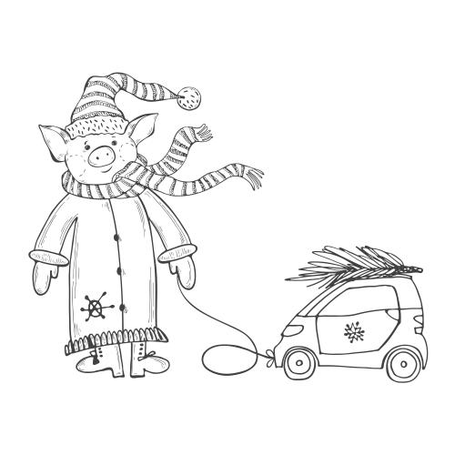 Auto. Vektor cartoonartiges Schwein im Kostüm des Weihnachtsmanns mit einer Maschine, Skizze auf weißem
