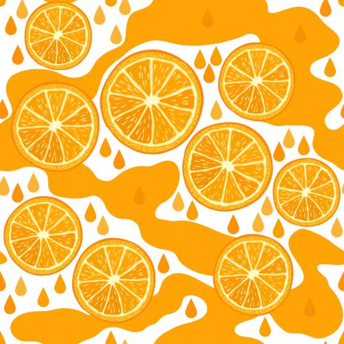 Zitrusfrucht. Vektor Orange-Scheiben, Tropfen und ausgelaufener Orangensaft auf weißem