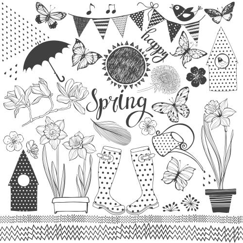 Gras. Vektor Frühlingselemente-Sammlung, Schriftzug Happy Spring auf weißem