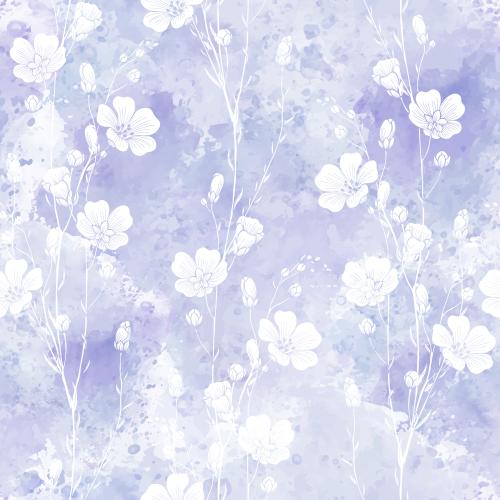 Vektorgrafik flachsblüten, weiße silhouetten auf lilafarbenem aquarell