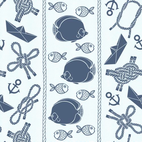 Anker. Vektor blaue Silhouetten tropischer Fische, nautischer Knoten, Anker, papierener Schiffe auf blauen Wellen