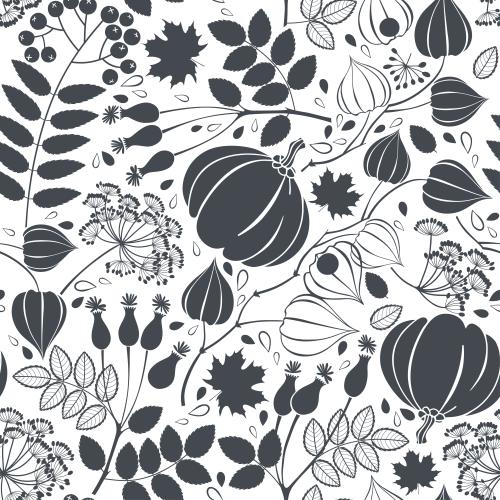 Ahornblatt. Vektor Kürbisse Herbstbeeren Blumen und Pflanzen schwarze Silhouetten und Konturen auf weißem