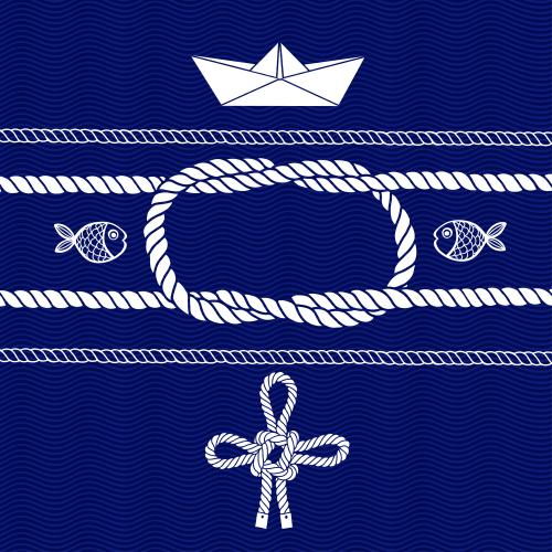 Schiffchen. Vektor meeresschlingen und Seile, Fische, Papierboot, Wellen auf blauem