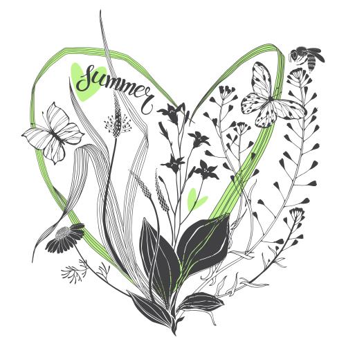Gras. Vektor Gänseblümchen, Schafskäfig, Kamille, Kapuzinerkresse, Kräuter, Bienen und Schmetterlinge, Farbige Elemente, Schriftzug Summer, Komposition in Form eines Herzens auf weiß