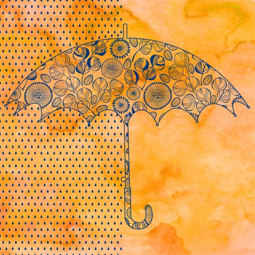 Regen. Vektor Schirm mit Muster, Regentropfen auf aquarellorangen