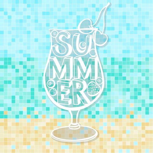 Strand. Vektor Cocktail, Schriftzug Sommer auf einem Mosaik in den Farben des Meeres und des Strandes