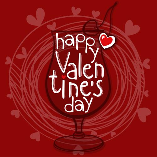 Valentinstagskarten. Vektor Inschrift Happy Valentine's Day, Koktailglas, Kreis mit Herzen auf dem roten