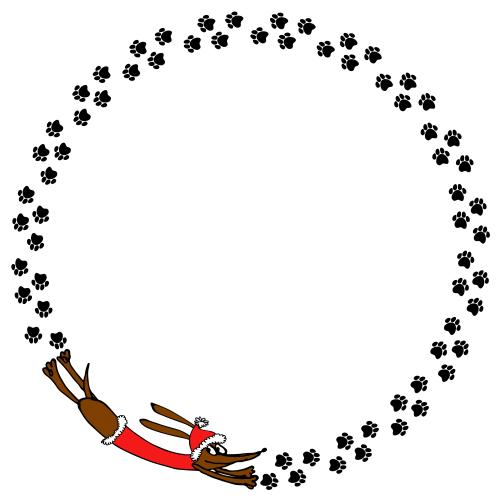 Vektorgrafik cartoonhund im neujahrskostüm laufend im kreis, runder rahmen auf weißem