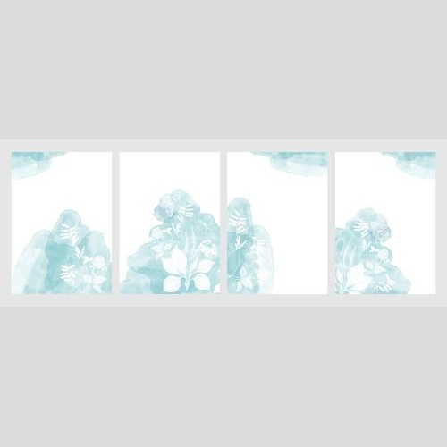 Vektorgrafik vier karten mit feldkräutern und blumen, schmetterlingen, blauen aquarellfragmenten auf weißem