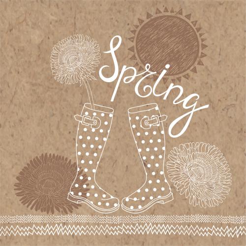Löwenzahn. Vektor Frühjahrskomposition mit Gummistiefeln, Löwenzahnen, der Sonne und Schriftzug Spring auf Kraft