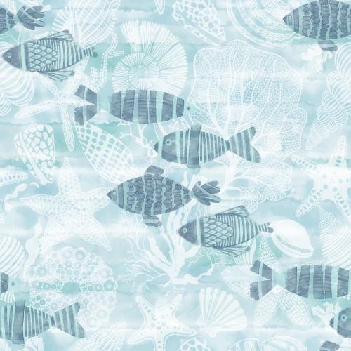 Rasterbild cartoonartige wasserfarben-fische grafische meeressterne schalen algen und korallen auf blauem wasserfarben