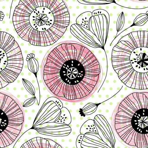 Mohn. Vektor stylisierte mohnblumen, farbige fragmentekreise auf weissem gruen kariertem