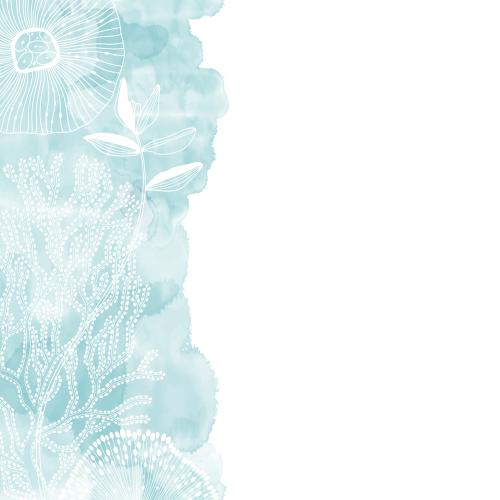 Vektorgrafik abstrakte meereskreaturen, koralle, alge, auf dem blauen aquarellfragment, platz für text auf weißem