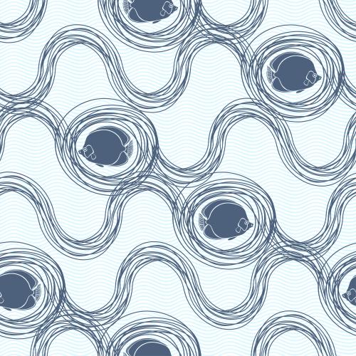 Fische. Vektor silhouetten tropischer Fische auf blauen und blauen Wellen