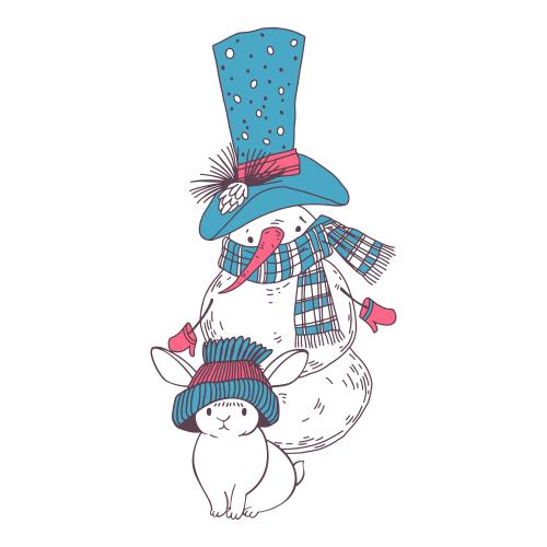 Vektorgrafik märchenhafter schneemann im zylinder und hübscher hase auf weißem