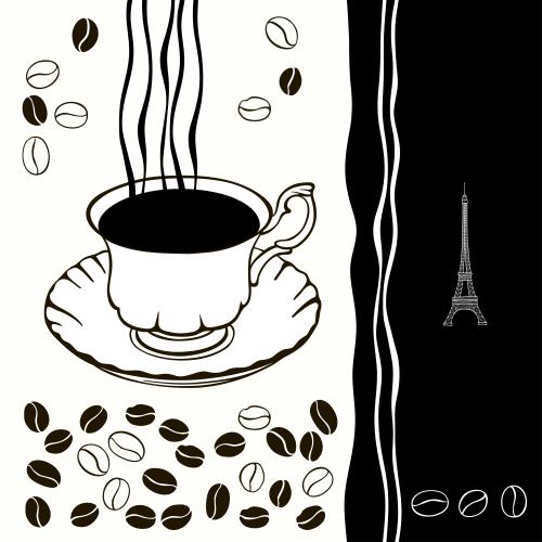 Eiffelturm. Vektor tasse mit Kaffee, Kaffee-Koerner und Eiffelturm