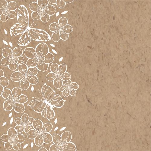 Kirschblüte. Vektor Sakura-Blumen und Schmetterlinge Textfeld auf Kraftpapier