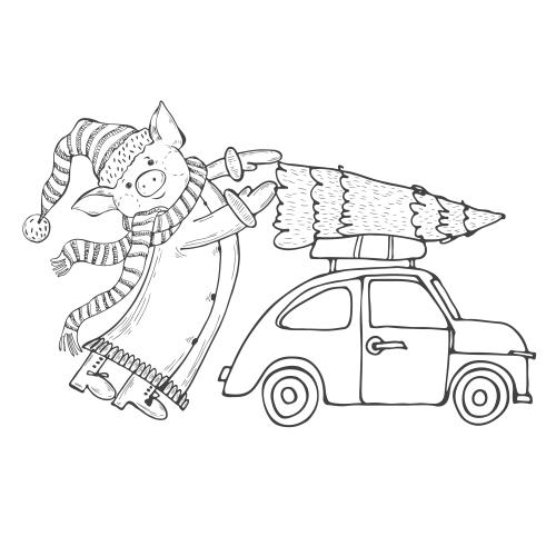 Auto. Vektor cartoonartiges Schwein in dem Kostüm des Weihnachtsmanns mit einem Auto und einer Tanne, Skizze auf weißem