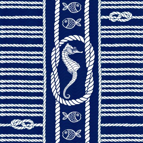 Seil. Vektor seile mit Seemannsknoten, Fische und Seepferdchen auf blauen Wellen