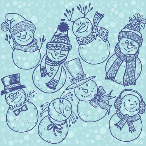 Schneemann. Vektor cartoonartige Schneemänner auf blauem Karomuster