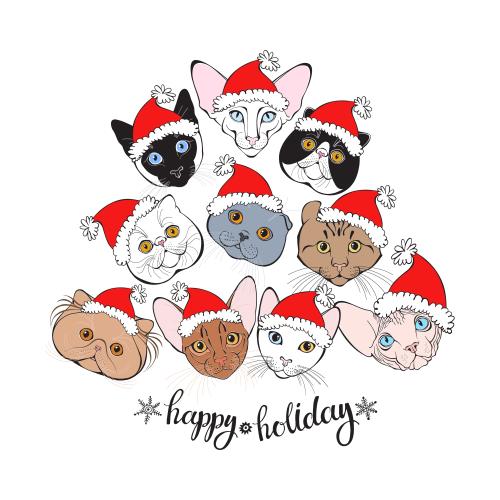Vektorgrafik kätzchengesichter in weihnachtsmützen und aufschrift happy holiday auf weißem