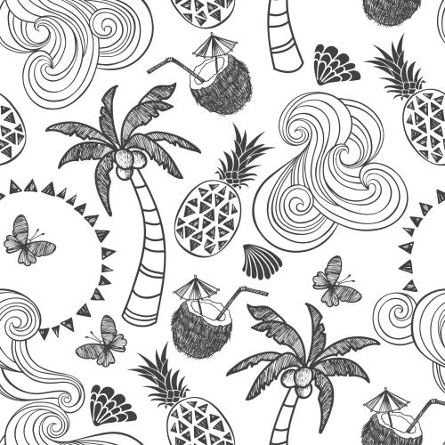 Meer. Vektor sonne Palmen Ananasen Kokos-Cocktails Schmetterlinge Muscheln Wellen auf weißem