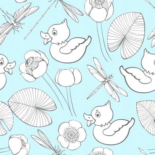 Vogel. Vektor Entenküken, Libellen und Wasserlilien auf blauen Wellen
