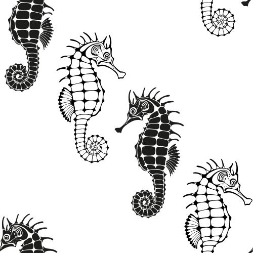 Vektorgrafik seepferdchen, schwarze silhouetten und konturen auf weißem