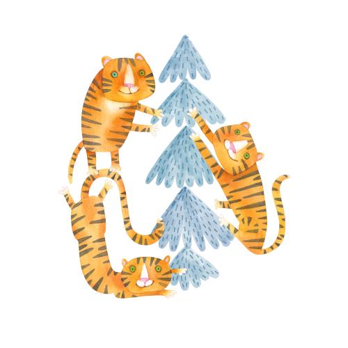Tiger. Vektor Aquarell-Cartoon-Tiere und Baum auf weißem