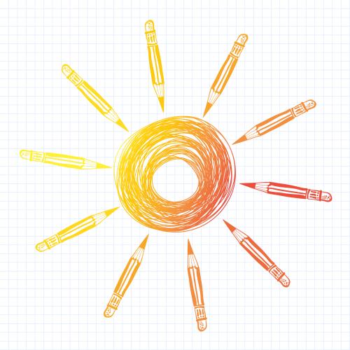 Bleistift. Vektor stylisierte Sonne mit Strahlen aus farbigen Stiften