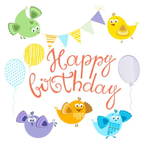 Geburtstag. Vektor Maltiöse Vögel, Girlande, Luftballons und eine Aufschrift 'Happy Birthday' auf weißem