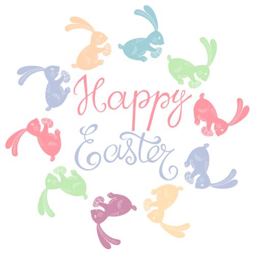 Vektorgrafik farbenfrohe kaninchen-silhouetten mit oster-eiern und aufschrift happy easter auf weißem