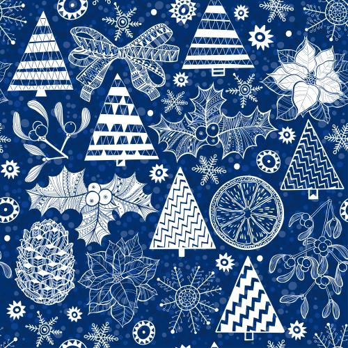 Vektorgrafik tannen, weihnachtspflanzen, tannenzapfen, schneeflocken auf blau kariert
