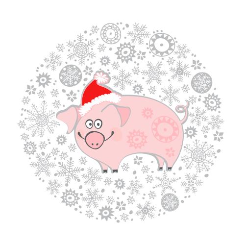 Weihnachtsmann. Vektor maltäsch Schwein Neujahrsmütze im Schneeflockenkreis