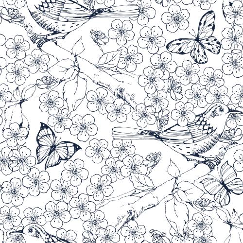 Vogel. Vektor Vögel, Schmetterlinge und Blumen auf weißem