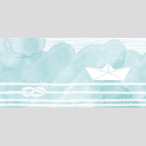 Schiffchen. Vektor postkarte mit maritimen Themen, Seilen und Seemannsknoten, einem Papierboot und einem blauen Aquarellfragment