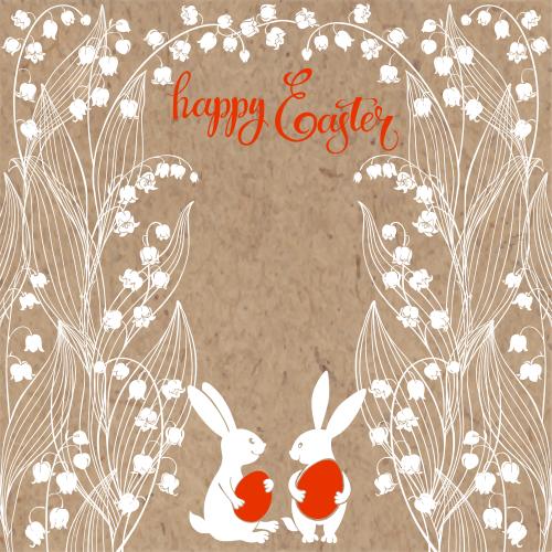 Hase. Vektor Lilien, süße Kaninchen mit Oster-Eiern, Text Happy Easter auf Kraft