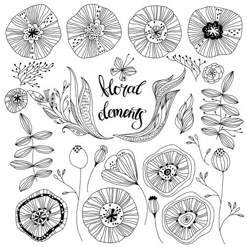 Vektorgrafik sammlung pflanzlicher elemente und blumen im doodle-stil auf weißem