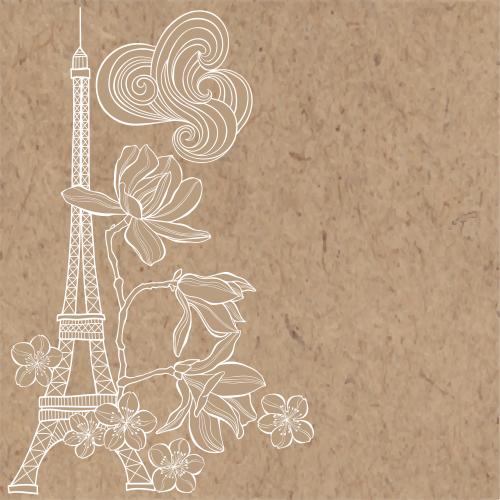 Eiffelturm. Vektor Eiffelturm, Magnolie, Sakura Blüten, Textfeld auf Kraftpapier