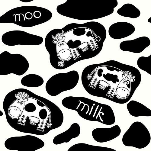 Kuh. Vektor hübsche cartoonartige kühe, schwarze dekorative flecken, schriftzüge "moo", "milk" auf weißem