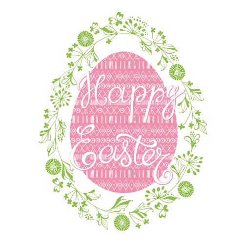 Vektorgrafik kranz aus fantasievollen blumen und pflanzlichen elementen, rosa osterei, schriftzug 'happy easter' auf weißem