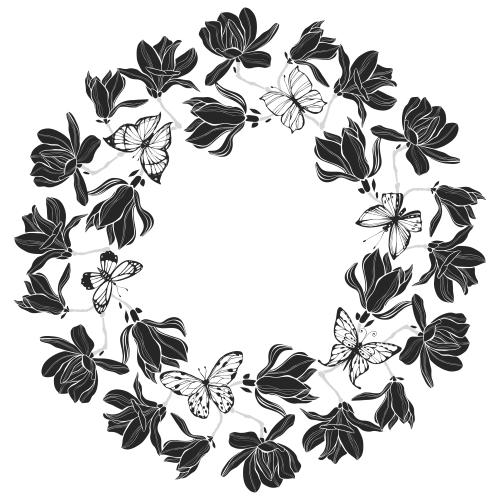 Vektorgrafik magnolien und schmetterlinge, runde rahmen auf weißem