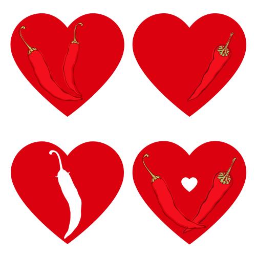Valentinstagskarten. Vektor Herz mit Chili, vier Varianten auf weißem