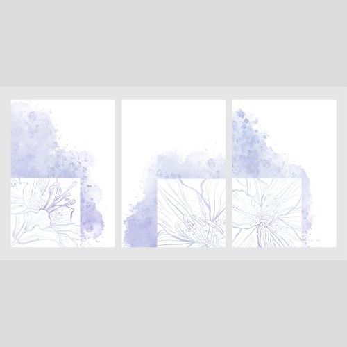 Lilie. Vektor drei Karten, Fragmente Von Lilien In Quadraten Auf Lilaem Aquarell